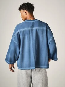 SUMWON Waffle Knit Oversized High Neck 3/4 Sleeve Casual Top Boxy Fit Textured Pullover Everyday Layering Essential - Blue - View 2