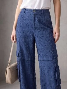 Rouah Women's Textured Cargo Pocket Straight Leg Loose Fit Pants - Autumn Pants, Fall Pants, Textured Pants For Autumn, Wide Leg Pant, Wide Leg Texture Trouser For Autumn - Blue - View 4