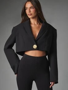 MISSGUIDED Cropped Blazer Jacket With Deep V-Neck Wide Lapel Flared Sleeves And Single Ornate Gold Button Closure Evening Party Style - Black - View 1