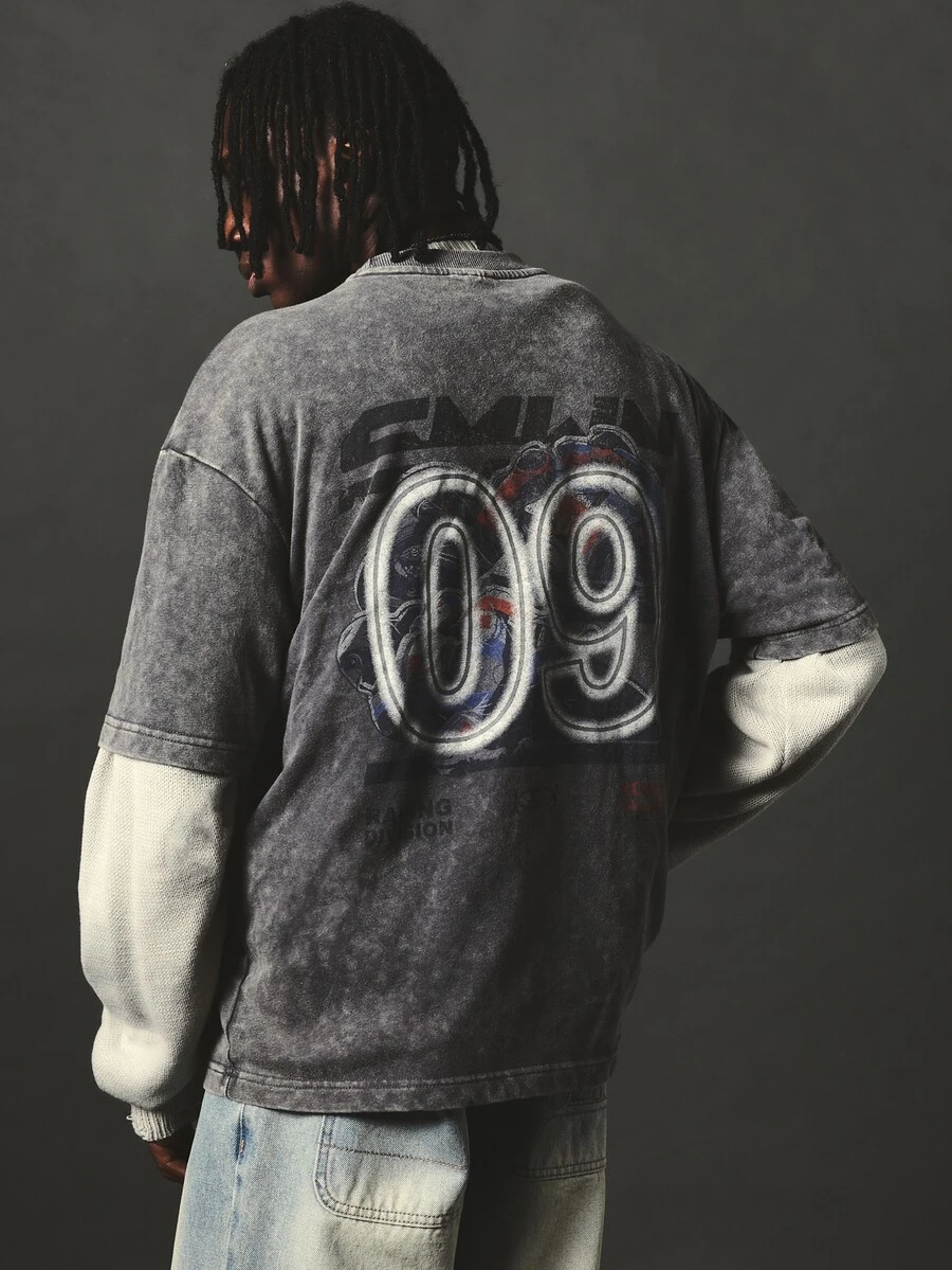 SUMWON Oversized Washed Long Sleeve Crew Neck Tee With Varsity Number 09 Back Graphic Print Street Style Top - Grey - View 1