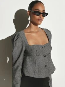KSTM Cropped Herringbone Blazer With Square Neckline Puff Sleeves And Button Front Closure Fall Winter Tailored Jacket - Multicolor - View 4