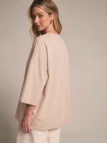 KSTM Camiseta de cuello redondo holgada y cuadrada con mangas de codo y hombros caídos, unicolor, ajuste relajado, esencial de verano para uso diario casual - Crema - Ver 2