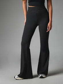 Missguided x Playboy Rhinestone Logo High Rise Flared Leggings With Pink Script Bum Print Wide Waistband Full Length Bell Flare Hem - Black - View 2