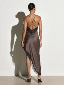 KSTM Geometric Print Satin Slip Dress With Black Lace Trim V-Neck Asymmetric Hem Criss Cross Back Straps Midaxi Length Evening Party Dress - Multicolor - View 2