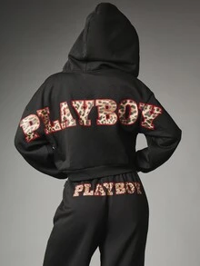 Missguided x Playboy Leopard Print Applique Logo Cropped Sweatshirt Oversized Pullover Long Sleeve Back Graphic Winter Essential - Black - View 1