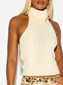 SUMWON WOMEN Cable Knit Turtleneck Halter Crop Top Sleeveless Backless Sweater Vest Fall Winter Cozy Festive Party Style - White - View 4