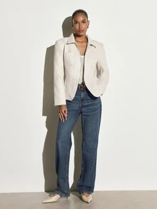 KSTM Linen Feel Zip-Up Blazer Jacket With Lapel Collar Patch Pockets Structured Hip Length Tailored Fit Spring Summer Workwear - Beige - View 3
