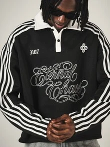 SUMWON Oversized Crop Rugby Shirt With White Collar Stripe Sleeves And Eternal Chaos Cursive Script Graphic Print - Black and White - View 4