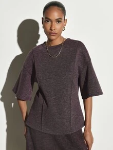 KSTM Structured Seam Detail Elbow Sleeve Crew Neck Knit Top With Curved Waist Panel Autumn Winter Essential - Purple - View 4