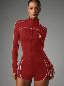 Missguided x Playboy Zip-Up Long Sleeve Track Jacket With White Piping Detail And Bunny Logo Emblem Stand Collar And Short Set - Red - View 1