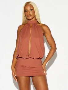SUMWON WOMEN High Neck Sleeveless Bodycon Mini Dress With Deep Cut-Out Detail And Elastic Waist Blouson Top Party Night Out Summer - Coffee - View 3