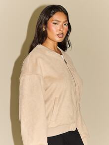 FASHION SZN Jaket Bomber Suede Imitasi Ukuran Besar, Chic, Berkelas, Elegan, Gaya Musim Gugur dan Musim Dingin yang Sedang Tren, Suede Netral, Pakaian Transisi, Pakaian Luar untuk Wanita Berlekuk Tubuh, Pakaian Musim Gugur untuk Wanita - Khaki - View 4