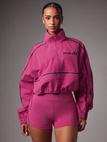Missguided x Playboy Logo Cropped Track Jacket With Zip Front Black Piping Elastic Hem And Cuffs Spring Summer Festival Streetwear - Hot Pink - View 4
