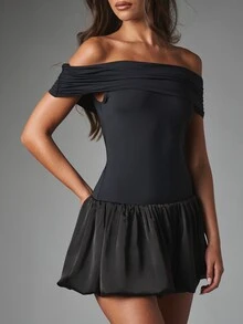 MISSGUIDED Cold Shoulder Ruched Bubble Hem Mini Dress With Satin Skirt Fit And Flare Silhouette Party Holiday Night Out - Black - View 4