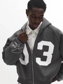 SUMWON Oversized Zip-Up Hoodie With Bold Varsity Number 03 Print And Signature Script Sleeve Detail For Fall Winter - Dark Grey - View 5