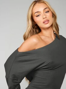 MISSGUIDED One Shoulder Mini Dress With Long Sleeves And Ruched Bodycon Fit Perfect For Party Night Out And Holiday Season - Dark Grey - View 4