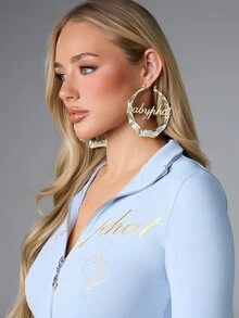 BABYPHAT Anting Lingkaran Bambu dengan Logo, Huruf Kaligrafi Besar, Tekstur Tebal, Warna Perak, Hadiah untuk Pesta dan Liburan - Perak - View 2