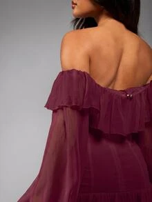 MISSGUIDED Off Shoulder Corset Mini Dress With Ruffle Trim Lace-Up Detail And Billowing Long Sleeves - Perfect For Valentine's Day And Holiday Parties - Burgundy - View 5