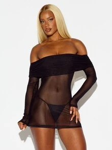 SUMWON WOMEN Gaun Mini Jala Transparan Lengan Panjang Tanpa Bahu dengan Detail Kerut di Bagian Dada, Siluet Bodycon, Cocok untuk Pesta Malam Hari - Hitam - View 4