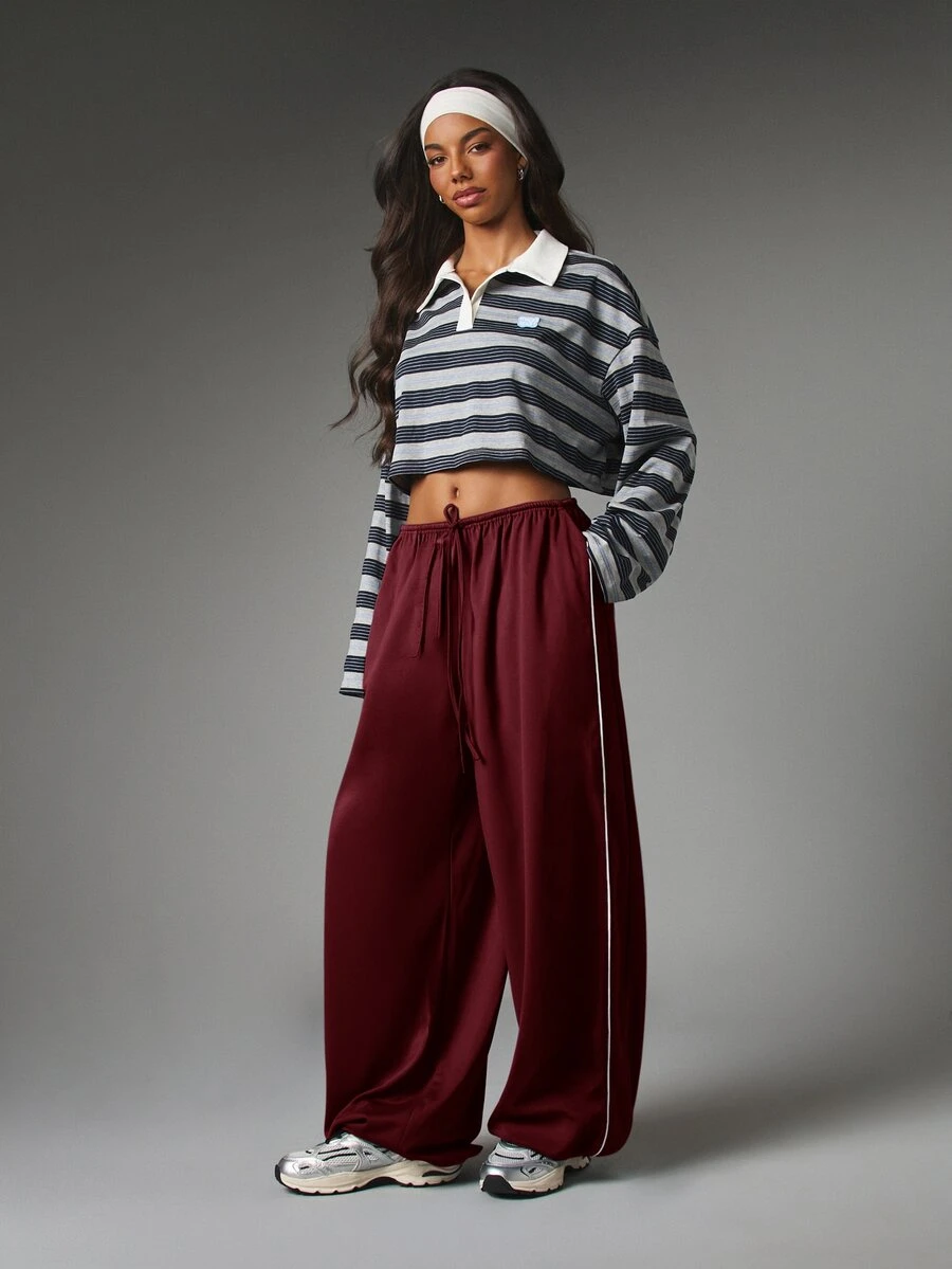 MISSGUIDED Wide Leg Drawstring Trousers With Side Piping Detail Low Rise Elasticated Waist Flowy Pull On Palazzo Pants Fall Winter - Burgundy - View 1
