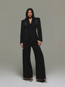 KIZN Fringe Trim Fitted Blazer With Shoulder Yoke Tassel Detail Single Breasted Lapel Collar Tailored Jacket Fall Winter Party - Black - View 3