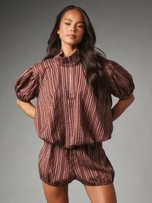 MISSGUIDED Oversized Half-Zip Striped Puff Sleeve Top With Stand Collar And Elasticated Cuffs Summer Festival Style - Multicolor - View 5