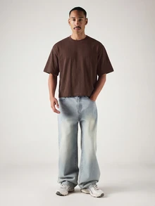 SUMWON Oversized Boxy Crop T-Shirt With Mock Neck And Dropped Shoulders - Essential Short Sleeve Summer Streetwear Top - Brown - View 3