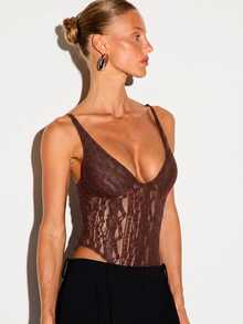 KIZN Sheer Lace Corset Bodysuit With Deep V-Neck, Adjustable Straps And Boning Detail For Night Out And Holiday Parties - Chocolate Brown - View 5