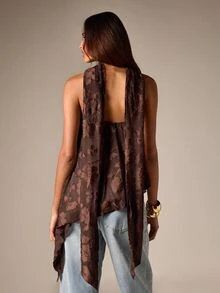 AiiRZ Blumen-Jacquard-Trägerloses Bandeau-Top mit Schal-Halsband und asymmetrischem Taschentuch-Saum - eleganter Abend- und Ausgehstil - Schokoladenbraun - Übersicht 2