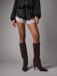 MISSGUIDED Satin High Waist Drawstring And Lace Trim Hem Party Holiday Short - Black and White - View 4