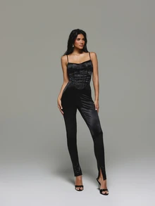 KIZN High Rise Satin Finish Skinny Leggings With Front Split Hem Ankle Detail Sleek Stretchy Full Length Party Night Out Trousers - Black - View 2