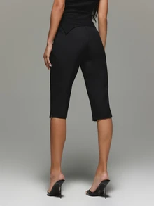 KIZN High Rise Cropped Dress Pants With Side Split Hem Tailored Straight Leg Capri Trousers For Spring Summer Evening Occasions - Black - View 5
