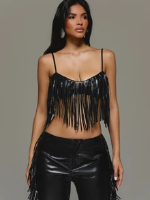 KIZN Atasan Cami Crop Berumbai Kulit Imitasi, Leher Bulat, Tali Bahu Tipis, Gaya Bralette Festival Musim Panas Boho - Hitam - View 2
