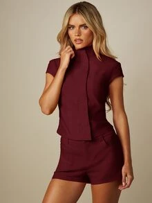 MISSGUIDED Cap Sleeve Mock Neck Tailored Romper With Asymmetric Wrap Front And Mini Short Length - Burgundy - View 5