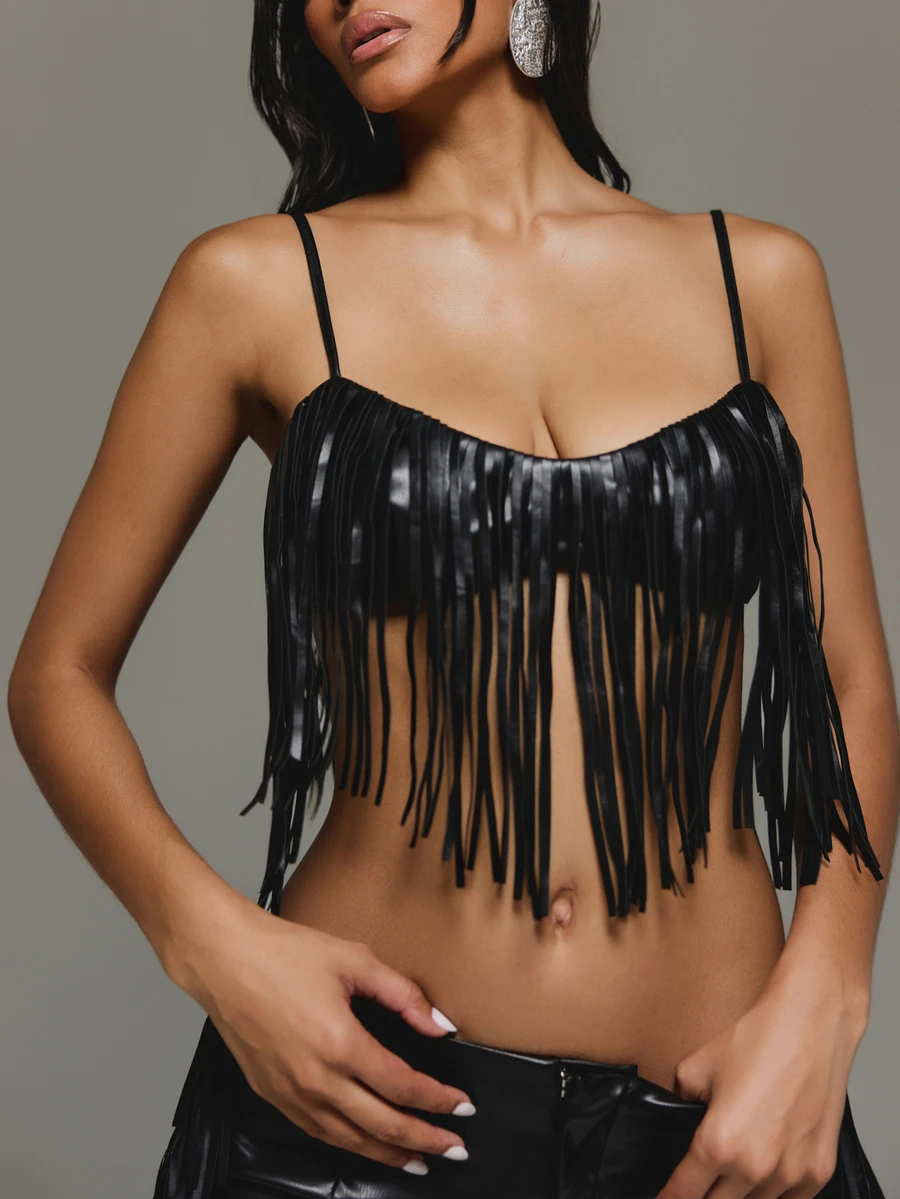 KIZN Atasan Cami Crop Berumbai Kulit Imitasi, Leher Bulat, Tali Bahu Tipis, Gaya Bralette Festival Musim Panas Boho - Hitam - View 1