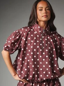 MISSGUIDED Polka Dot Half-Zip Oversized Puff Sleeve Nylon Pullover Jacket With Stand Collar And Elasticated Cuffs - Multicolor - View 4
