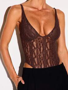KIZN Sheer Lace Corset Bodysuit With Deep V-Neck, Adjustable Straps And Boning Detail For Night Out And Holiday Parties - Chocolate Brown - View 2