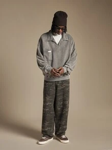 SUMWON Oversized Washed Collared Sweatshirt With Chest Patch Pocket And Long Sleeves Vintage Pullover Top - Grey - View 4