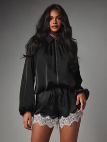 MISSGUIDED Satin High Waist Drawstring And Lace Trim Hem Party Holiday Short - Black and White - View 2