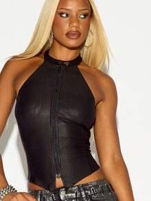 SUMWON WOMEN Faux Leather Crocodile Texture Halter Neck Crop Vest With Front Zip Closure Fitted Sleeveless Top Summer Festival Style - Black - View 2