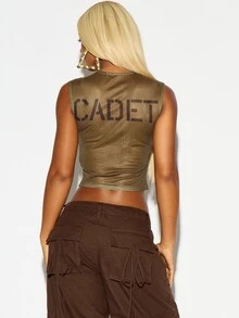 SUMWON WOMEN Olive Mesh Sleeveless Crop Tank Top With Number 23 Chest Print Crew Neck Semi Sheer Fitted Festival Summer Style - Army Green - View 5