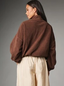 MISSGUIDED GRL Oversized Full-Zip Fleece Sweatshirt With Side Pockets Cropped Hem Cozy Winter Casual Jacket - Coffee Brown - View 3
