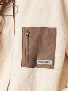 MISSGUIDED Oversized Full Zip Sherpa Sweatshirt Jacket With Contrast Patch Pocket And Drawstring Hood For Fall Winter - Beige - View 5
