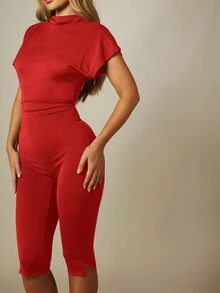 MISSGUIDED Mock Neck Cap Sleeve Bodycon Jumpsuit With Ruched Waist And Cropped Capri Leg Split Hem - Red - View 3