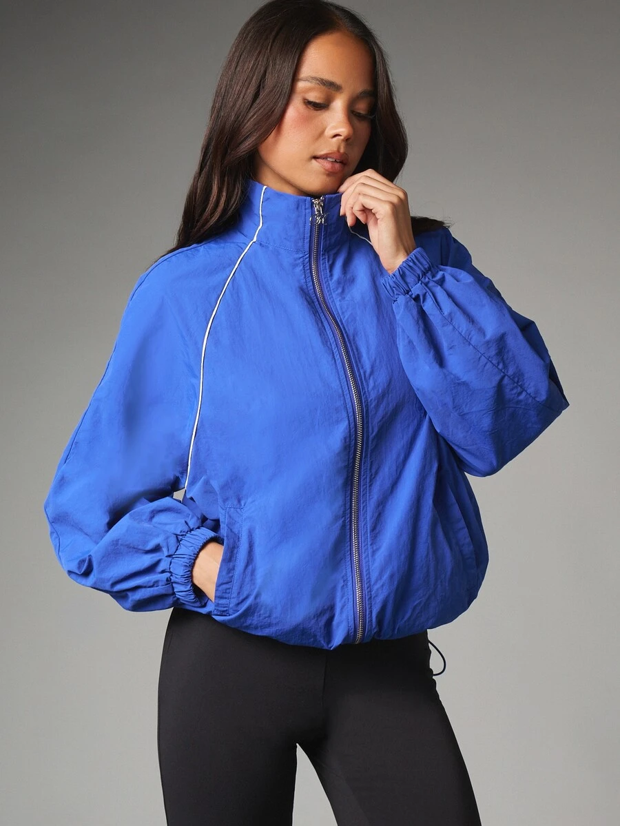 MISSGUIDED Oversized Windbreaker Jacket With Stand Collar Full Zip Closure White Contrast Piping Elastic Cuffs And Drawstring Hem Spring Outerwear - Blue - View 1