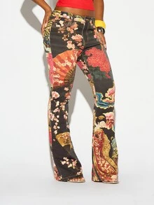 SUMWON WOMEN Japanese Floral Print Low Rise Flared Jeans With Cherry Blossom Fan And Geisha AOP Dark Wash Denim Bell Bottom Festival Pants - Multicolor - View 3