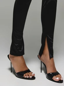 KIZN High Rise Satin Finish Skinny Leggings With Front Split Hem Ankle Detail Sleek Stretchy Full Length Party Night Out Trousers - Black - View 4