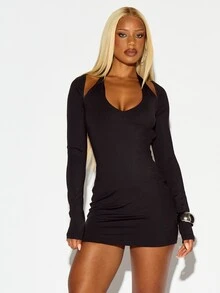 SUMWON WOMEN Long Sleeve Bodycon Mini Dress With Shoulder Cut-Out Detail And Scoop Neckline Perfect For Party Night Out Holiday Season - Black - View 1