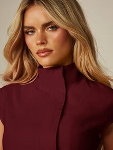 MISSGUIDED Cap Sleeve Mock Neck Tailored Romper With Asymmetric Wrap Front And Mini Short Length - Burgundy - View 4