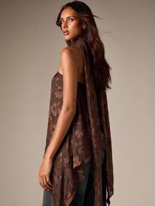 AiiRZ Blumen-Jacquard-Trägerloses Bandeau-Top mit Schal-Halsband und asymmetrischem Taschentuch-Saum - eleganter Abend- und Ausgehstil - Schokoladenbraun - Übersicht 3